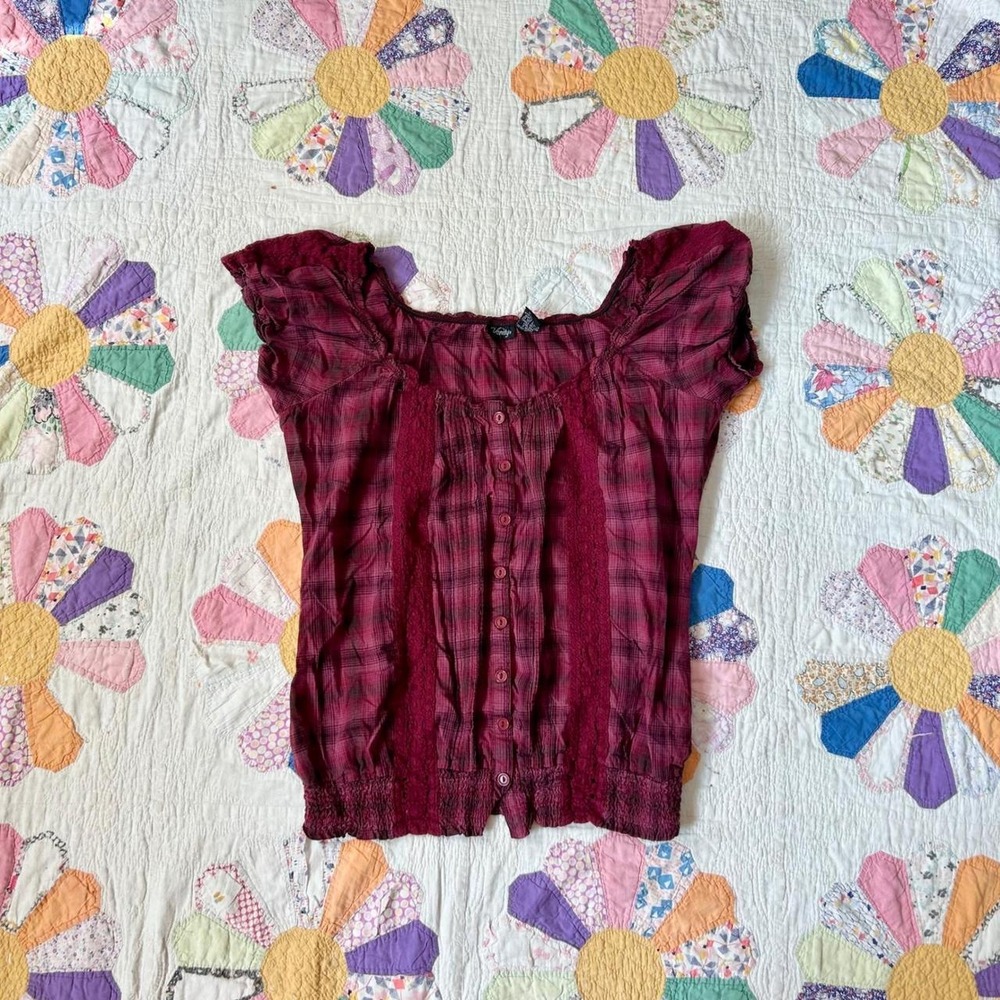 Vanity Burgundy Plaid Lace Trim Button Front Smocked Hem Cap Sleeve Blouse Top